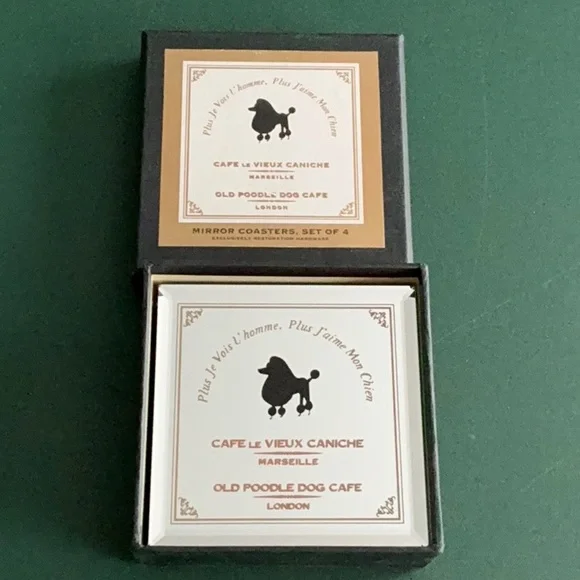 4 Restoration Hardware MIRROR POODLE coasters Old Poodle Dog Cafe new in box 4.5